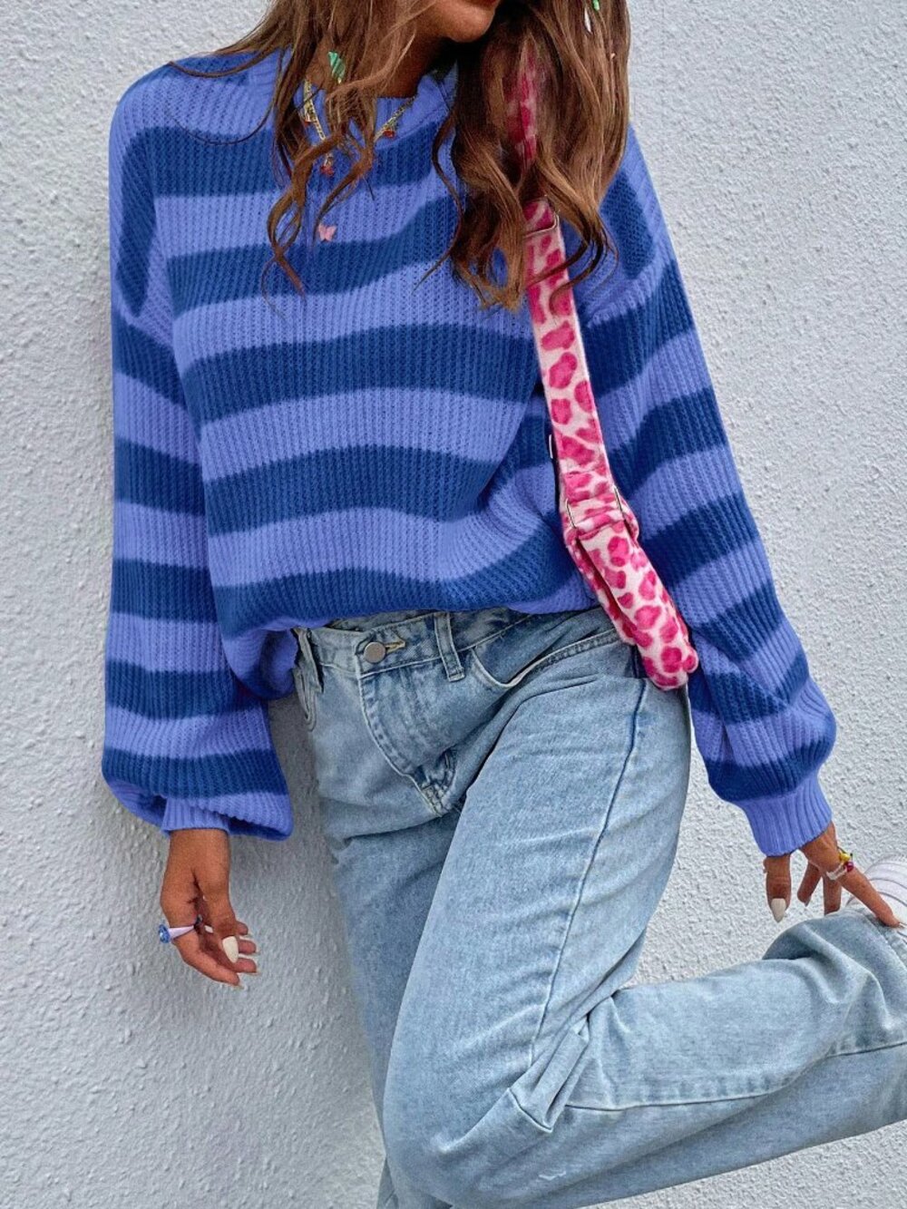 Blue Casual Women's Striped Drop Shoulder Sweater - Picture 4 of 7
